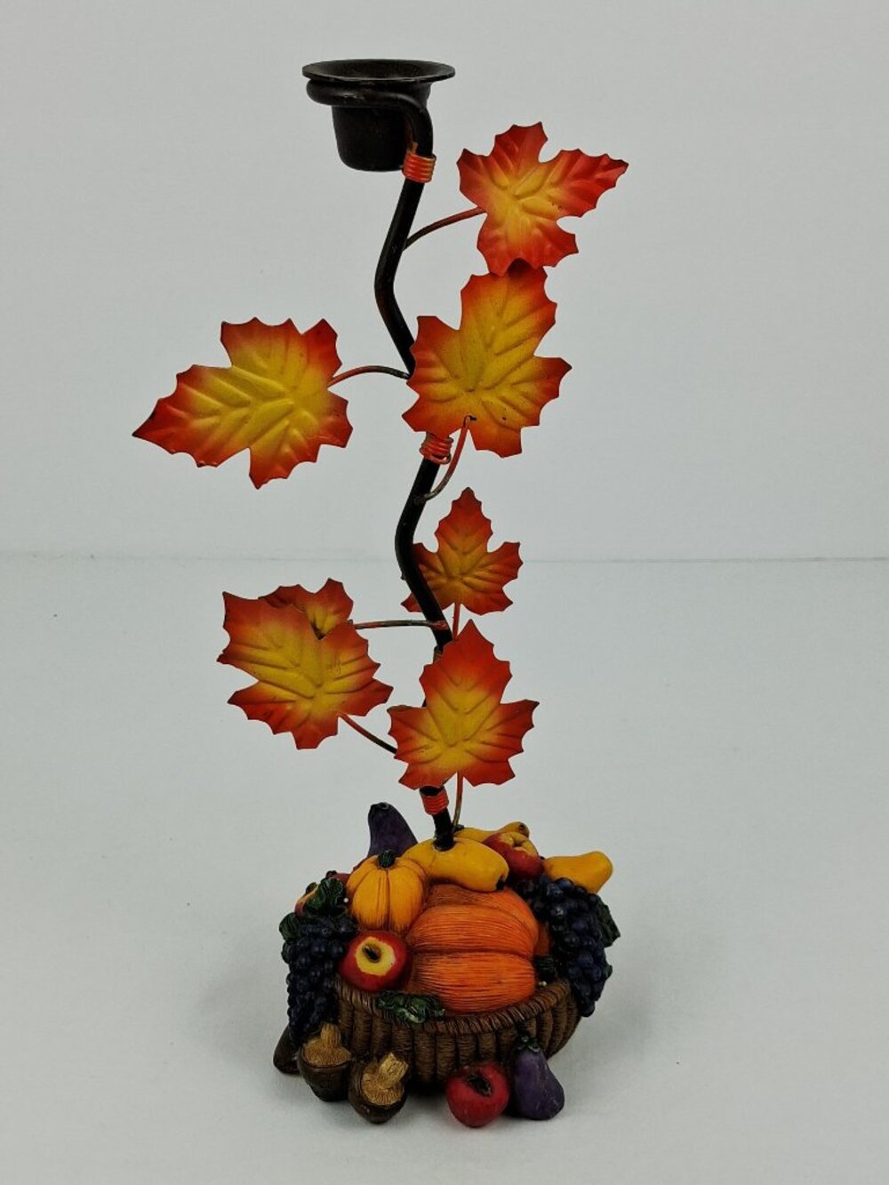 Metal Autumn Harvest Candle Holder w/ Leaves & Resin Fruit Basket Accent